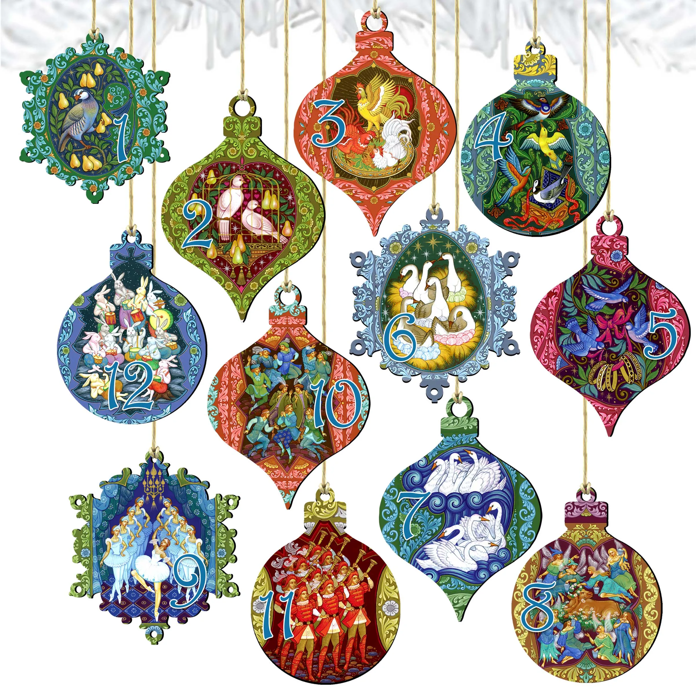 12 Days of Christmas Wooden Ornament Set of 12 by G DeBrekht - Christmas Decor