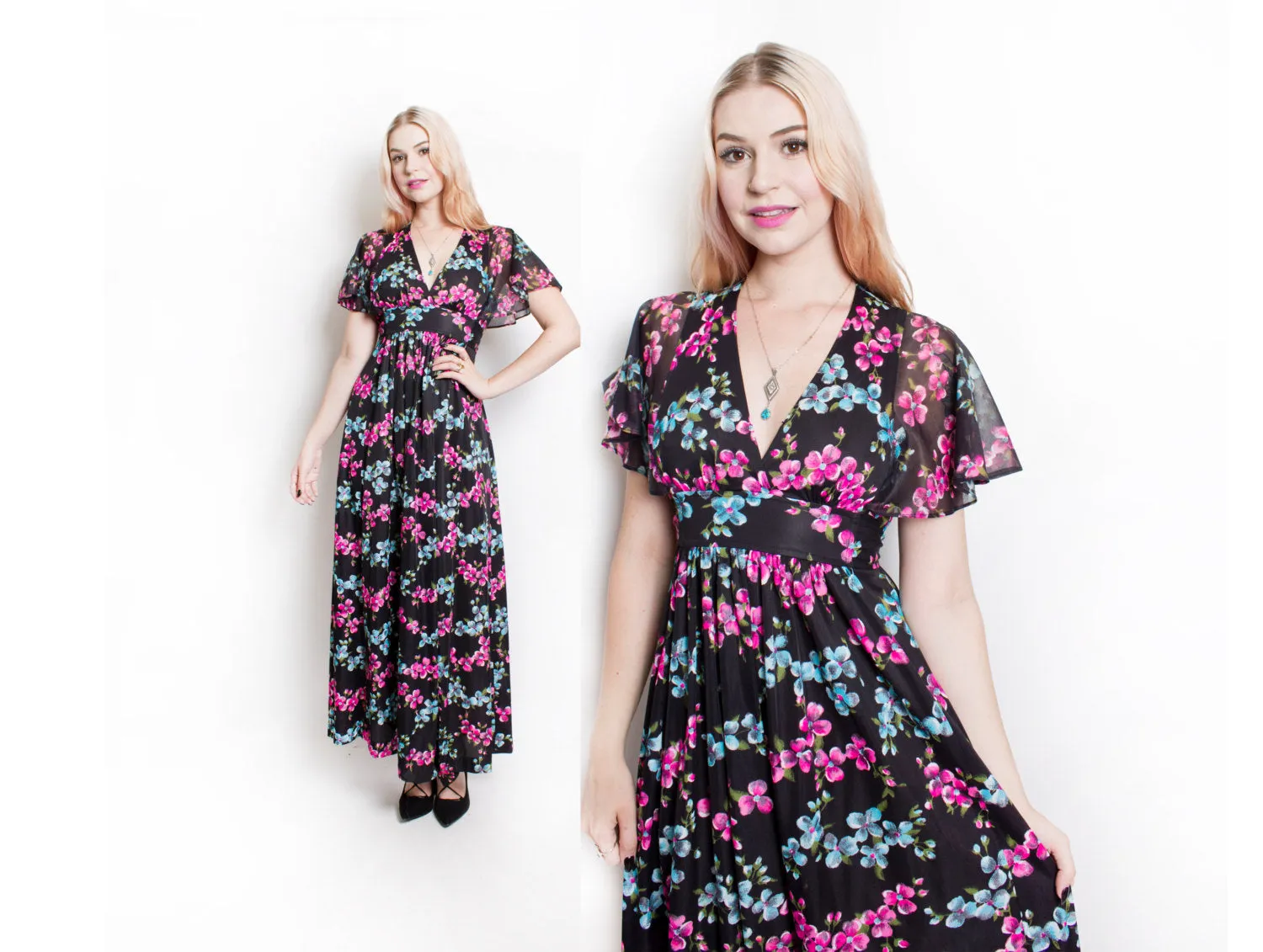 1970s Dress Floral Black Knit Sheer Boho Maxi Small