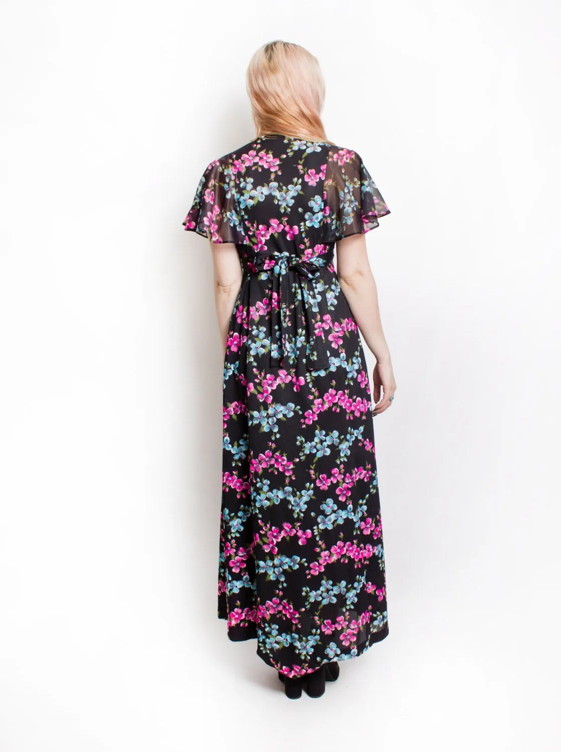 1970s Dress Floral Black Knit Sheer Boho Maxi Small
