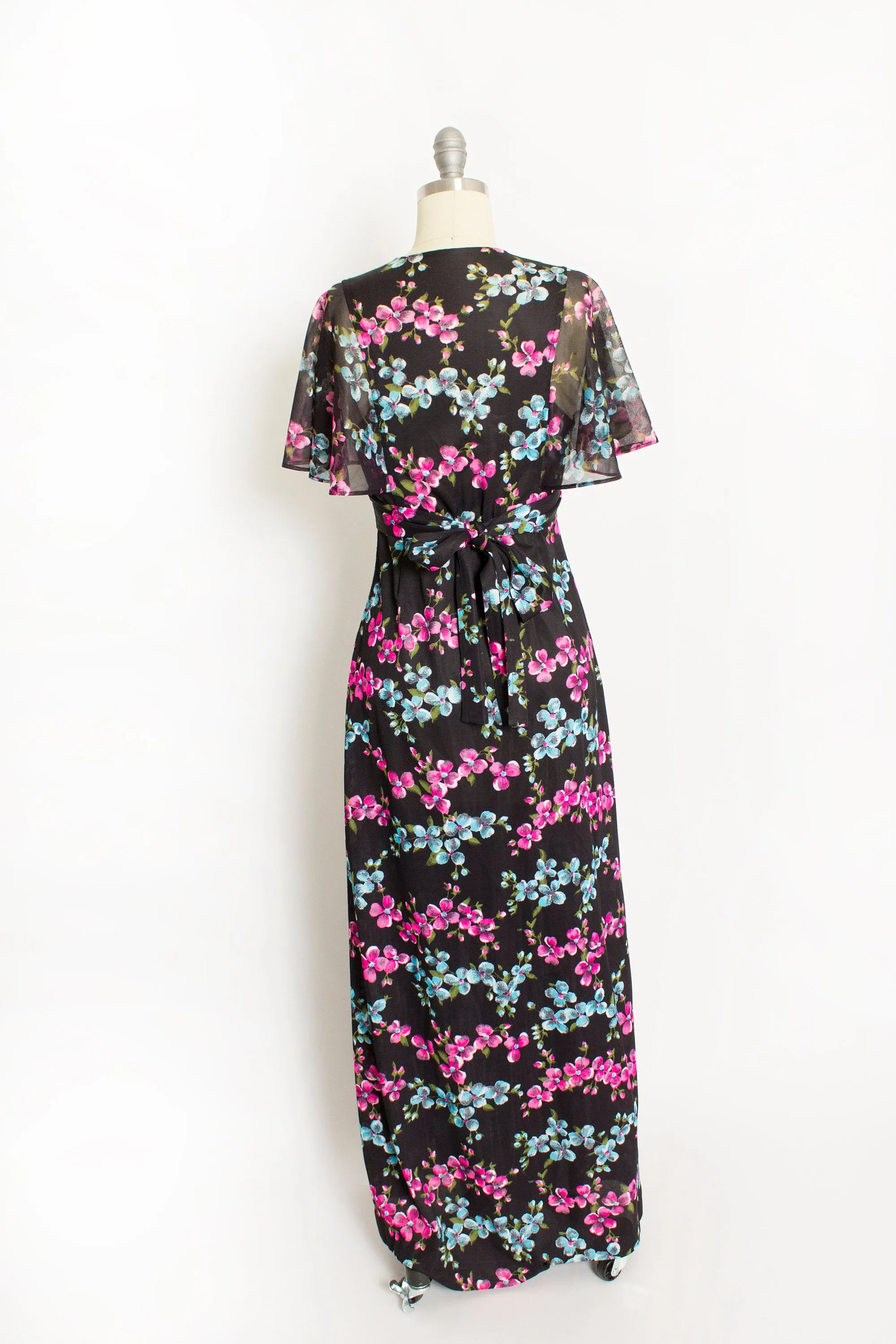 1970s Dress Floral Black Knit Sheer Boho Maxi Small