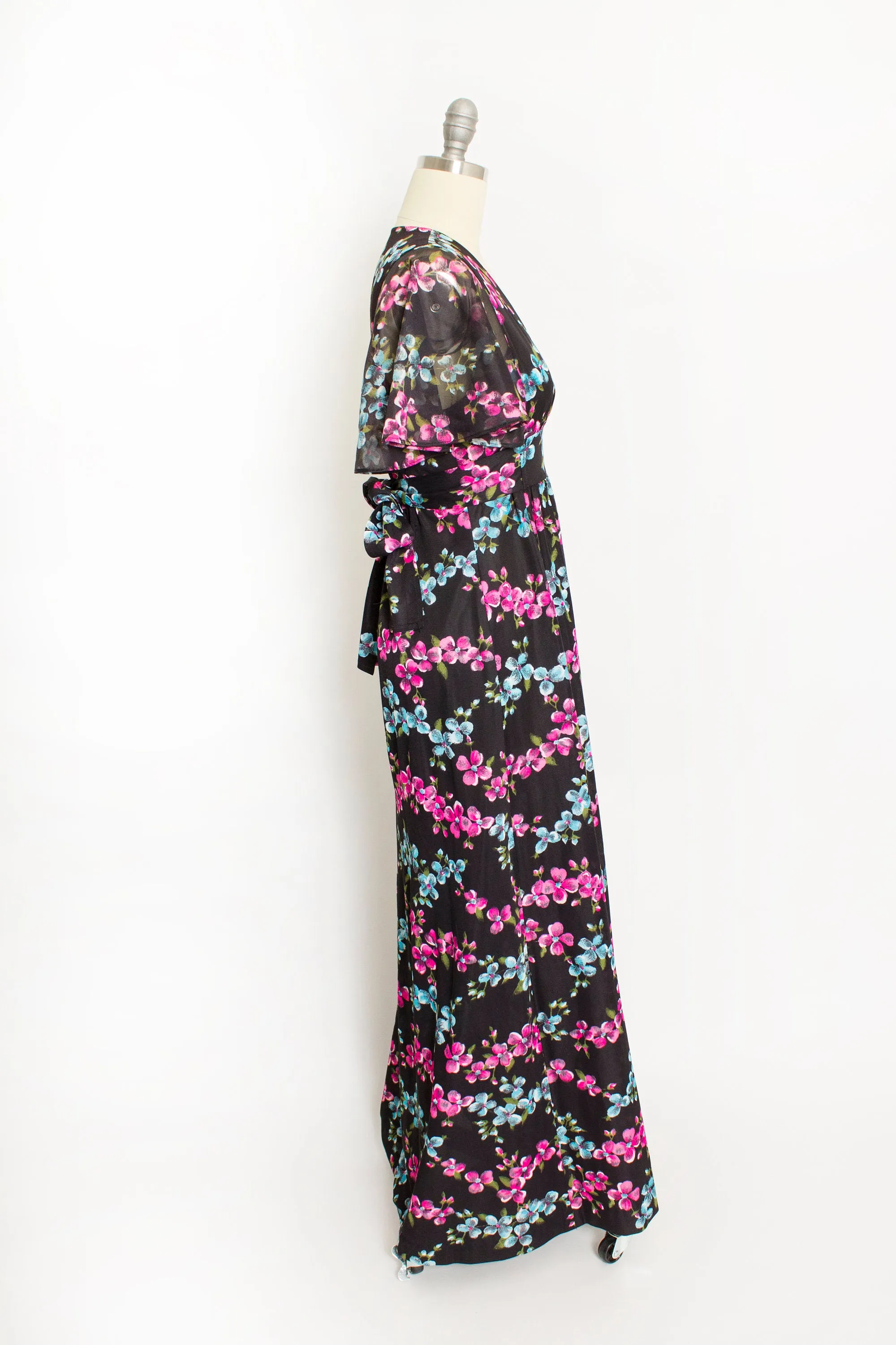 1970s Dress Floral Black Knit Sheer Boho Maxi Small