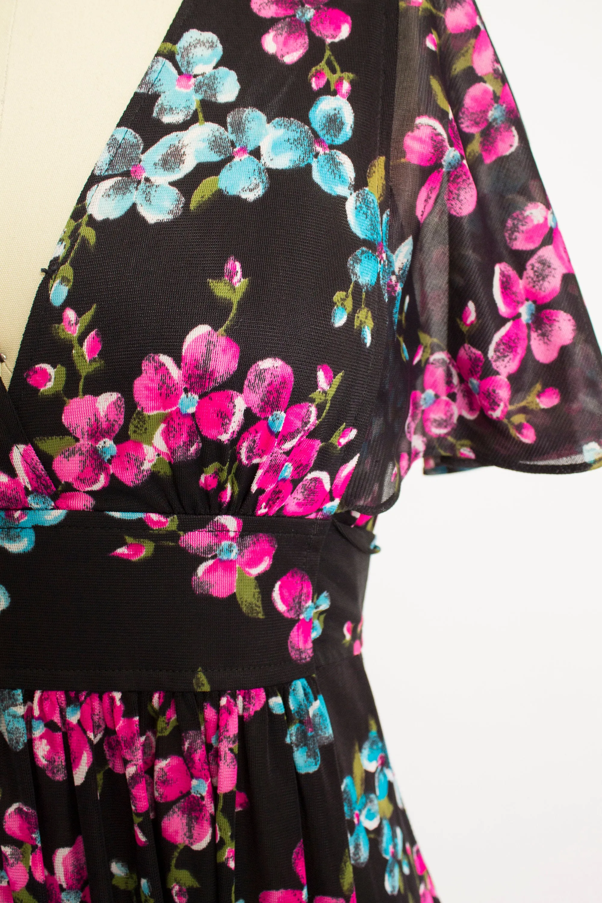 1970s Dress Floral Black Knit Sheer Boho Maxi Small