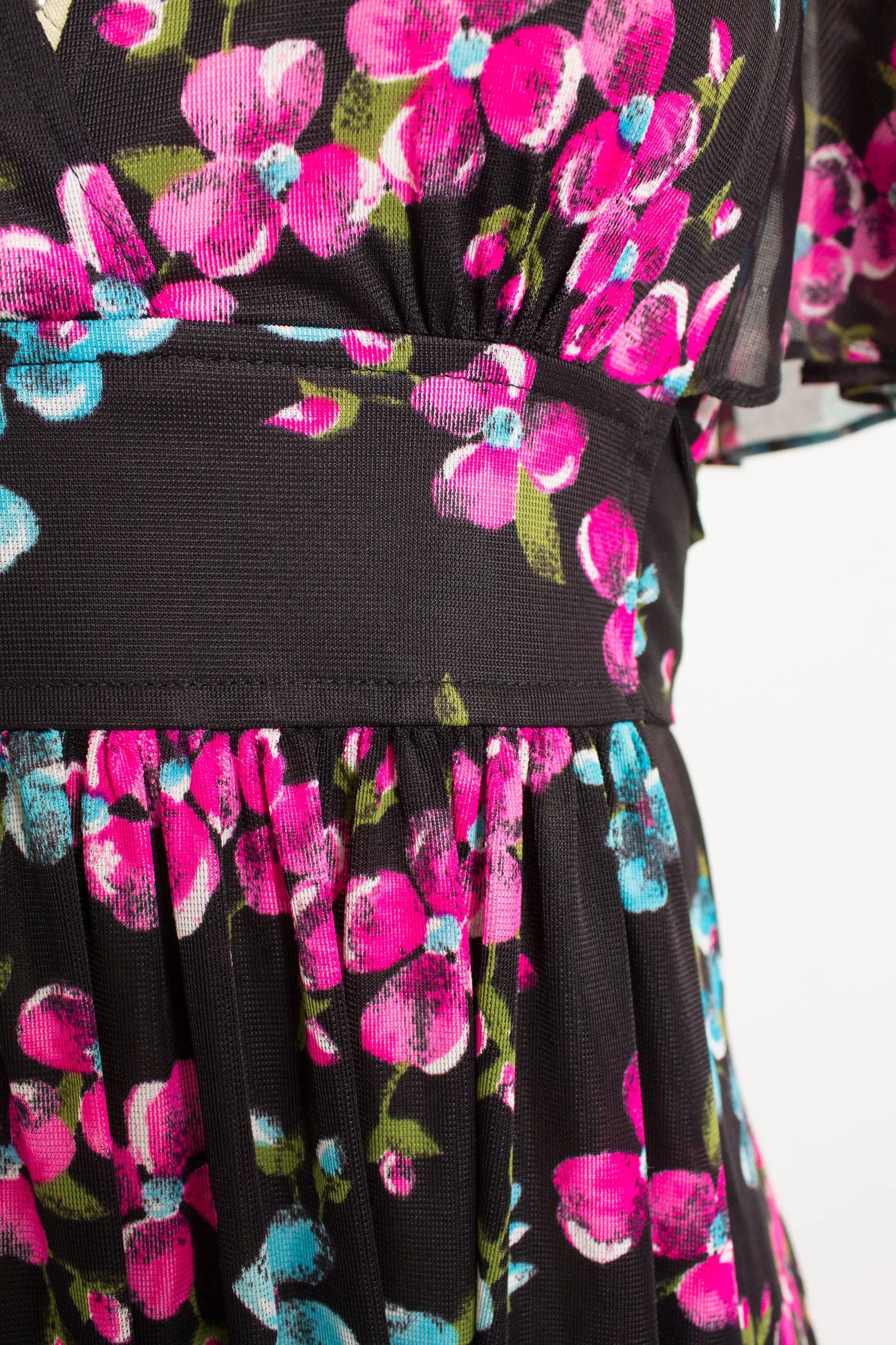 1970s Dress Floral Black Knit Sheer Boho Maxi Small