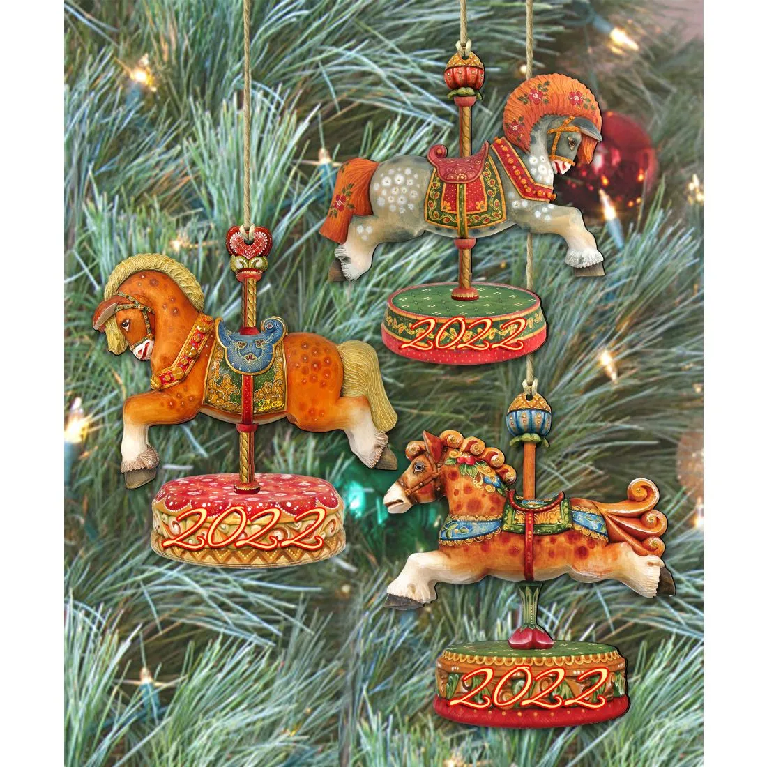 2024 Dated Wooden Carousel Ornaments Set of 3 by G DeBrekht - Christmas Decor - 8100087S3-D24
