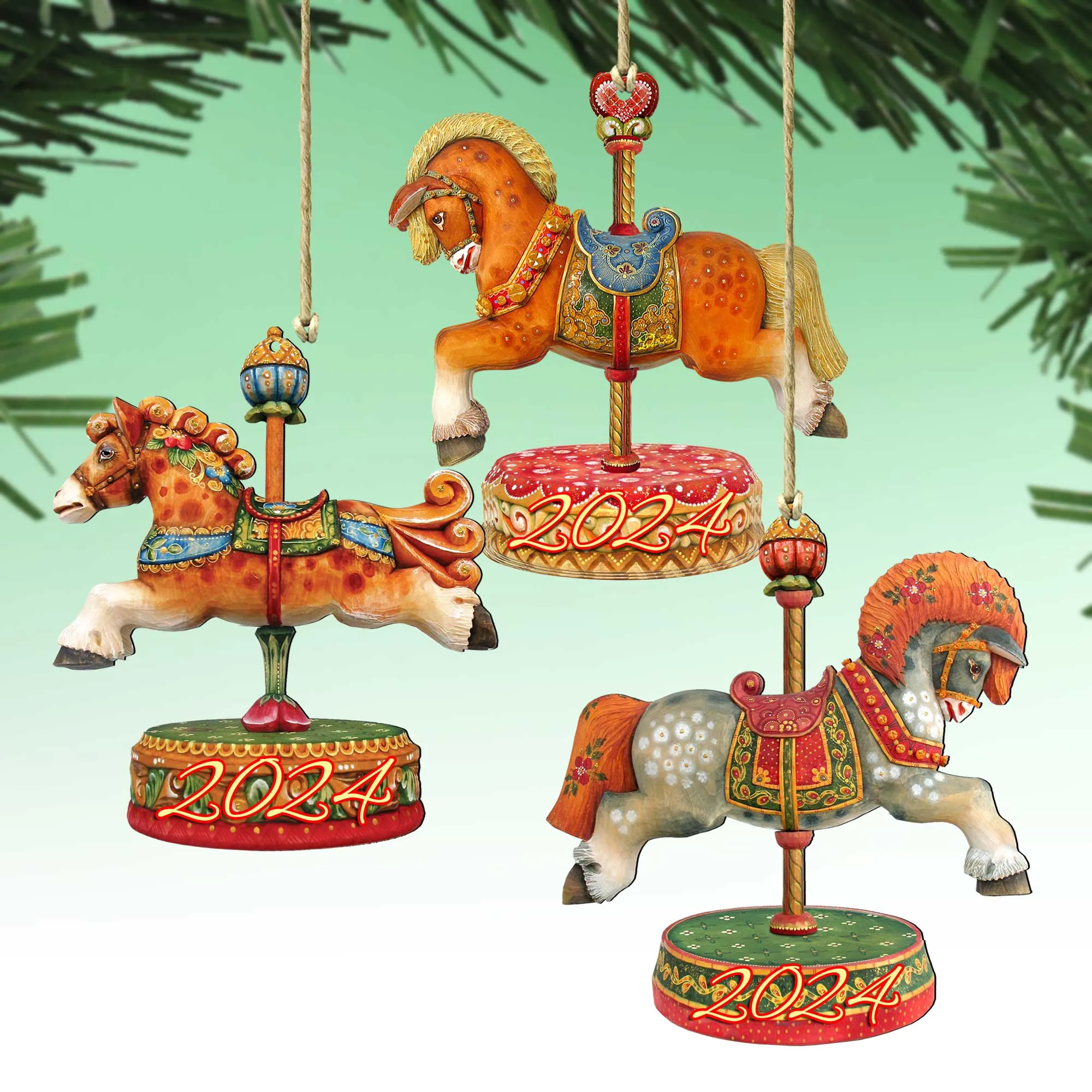 2024 Dated Wooden Carousel Ornaments Set of 3 by G DeBrekht - Christmas Decor - 8100087S3-D24