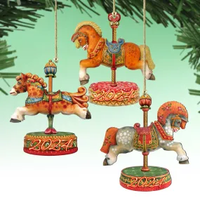2024 Dated Wooden Carousel Ornaments Set of 3 by G DeBrekht - Christmas Decor - 8100087S3-D24