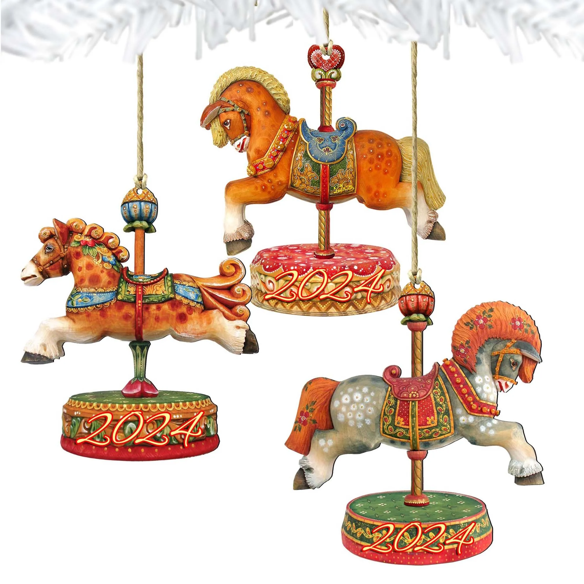 2024 Dated Wooden Carousel Ornaments Set of 3 by G DeBrekht - Christmas Decor - 8100087S3-D24