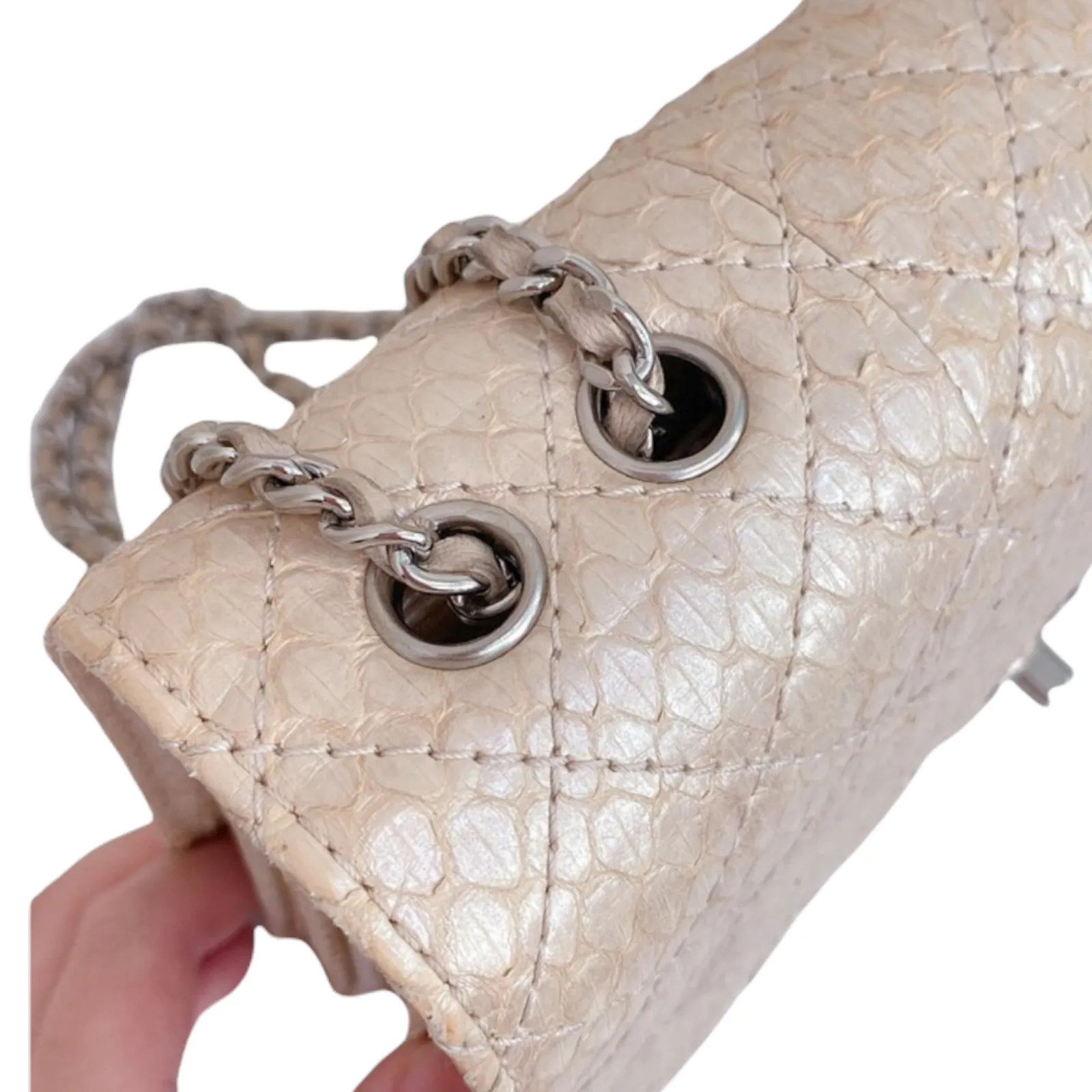 3 Accordion Flap Python Leather Beige SHW