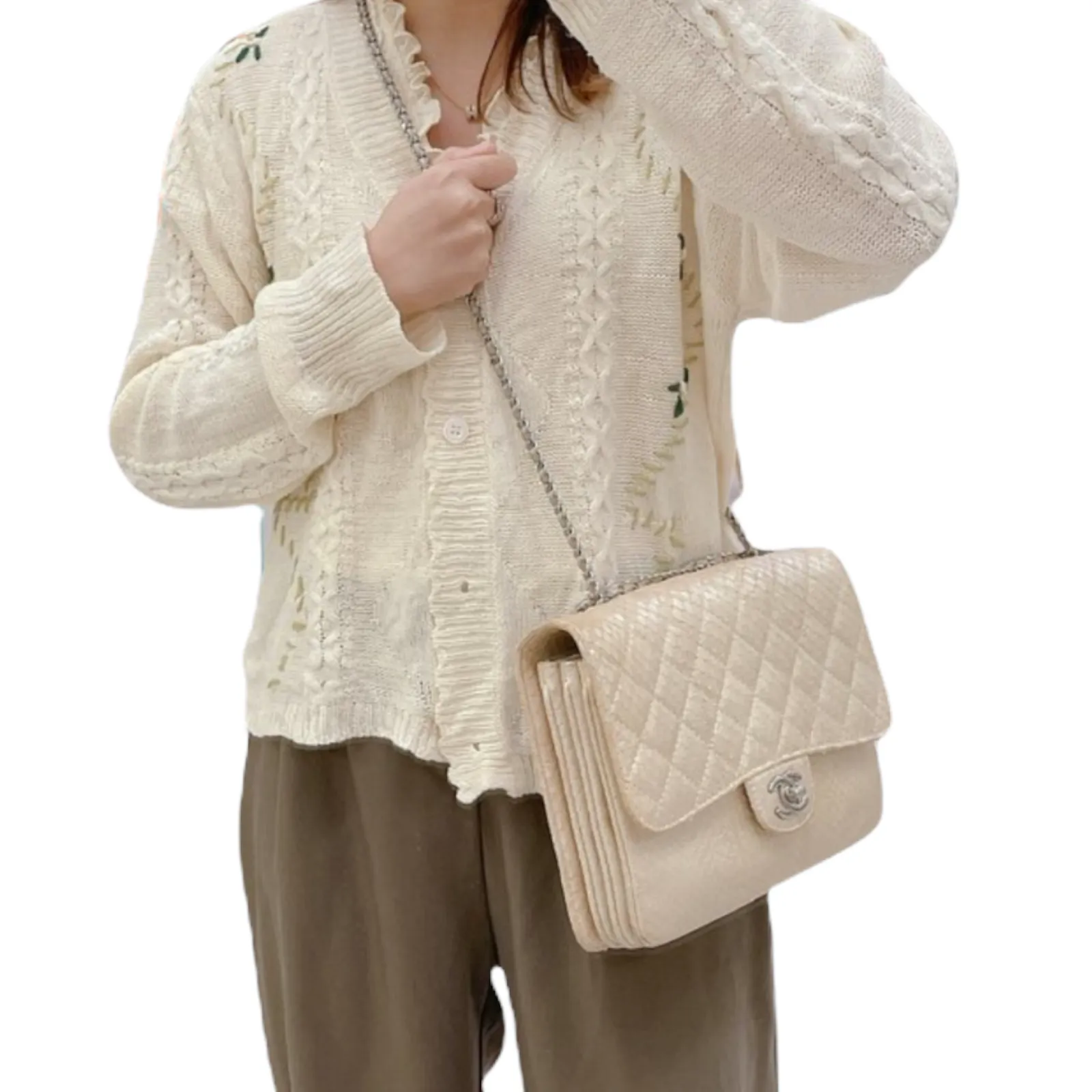 3 Accordion Flap Python Leather Beige SHW
