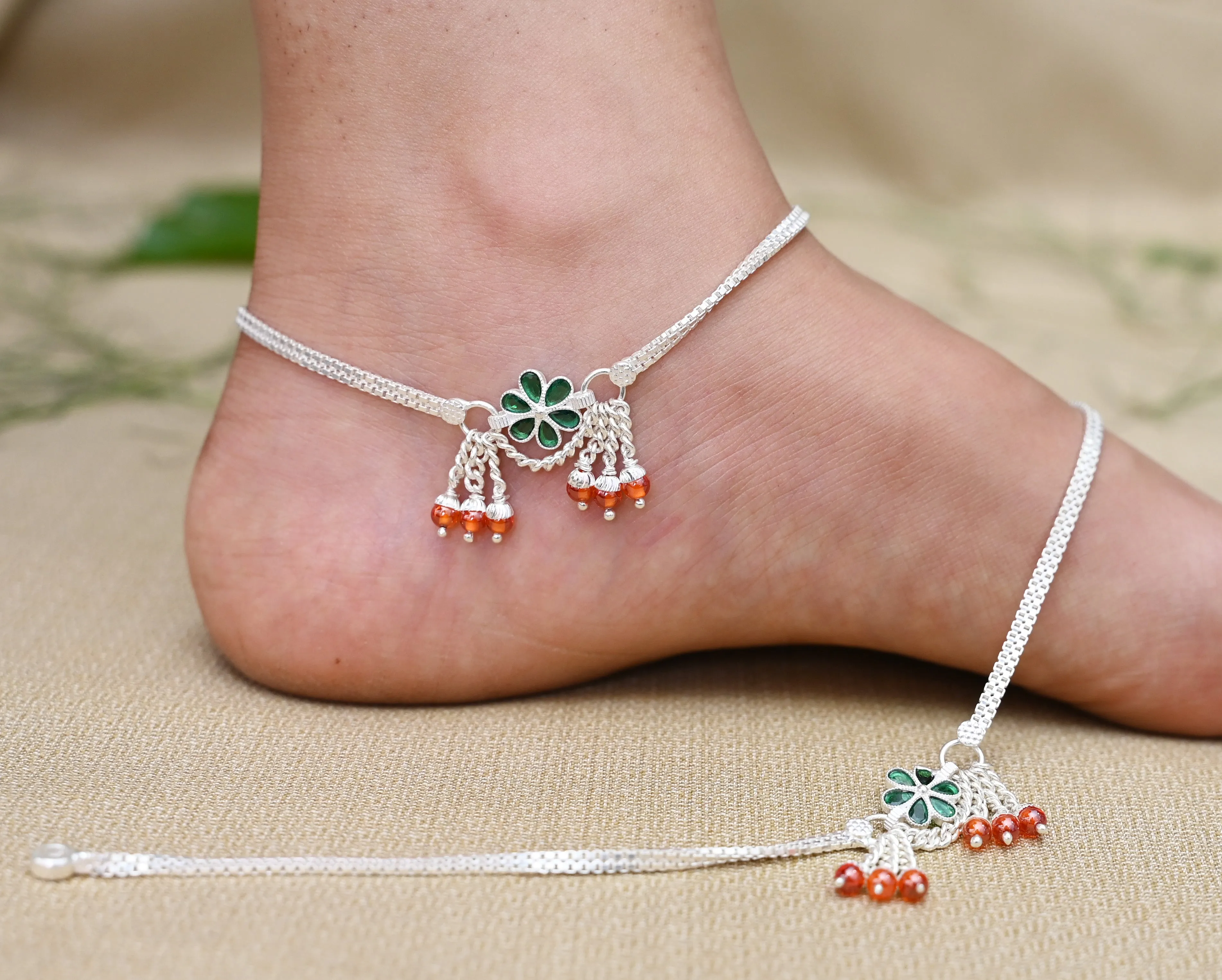 Antique Minimalist Traditional Green Floral Charm Payal