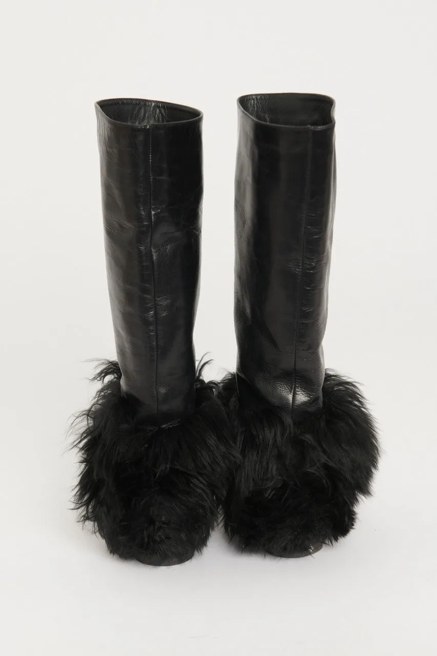 Black Leather Preowned Riding Boots With Shearling Cuff