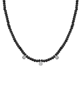 Black Spinel Gemstone & Three diamonds Necklace - 14K White Gold