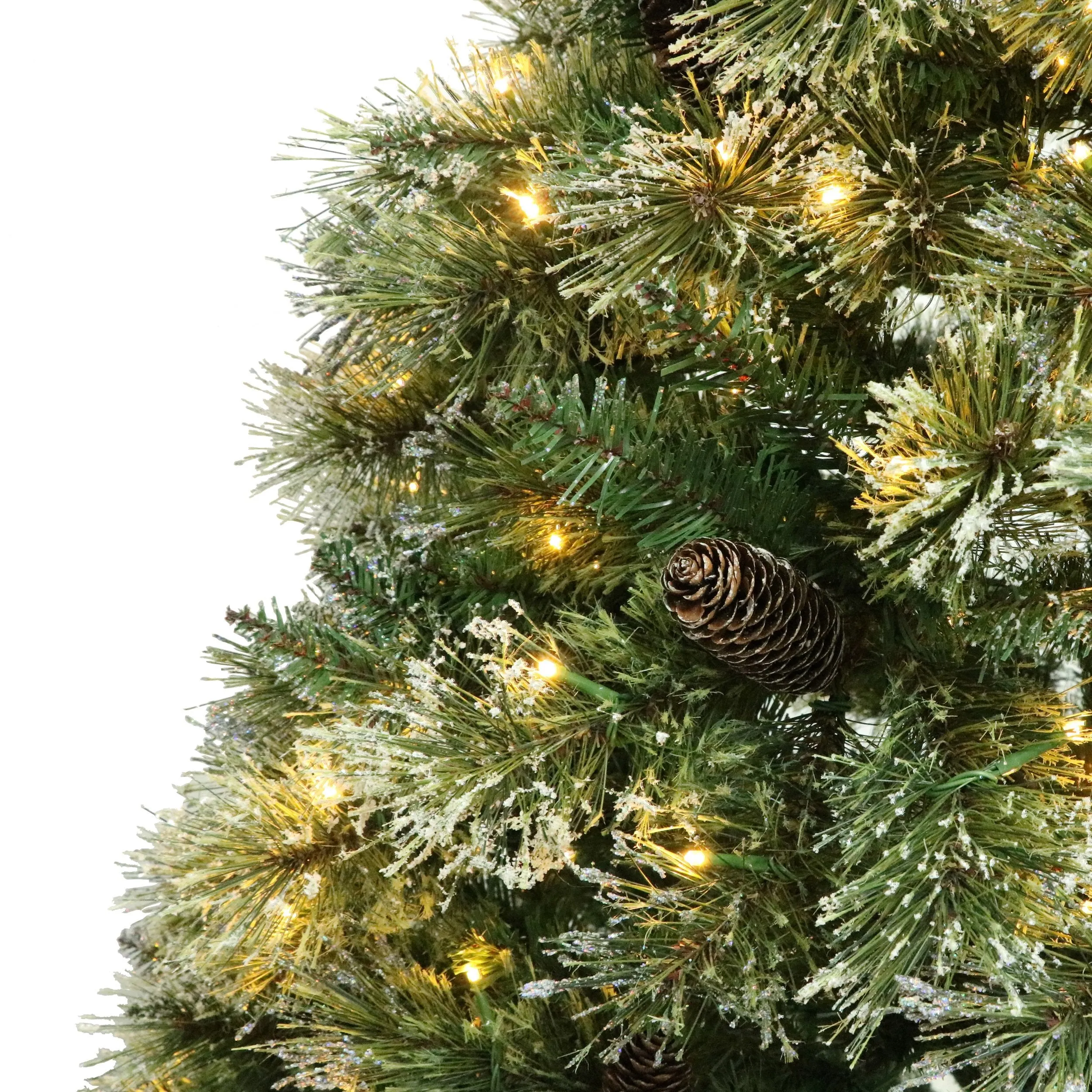 Cashmere Pine and Mixed Needles Pre-Lit Clear LED Hinged Artificial Christmas Tree with Snow and Glitter Branches and Frosted Pinecones - NH612513