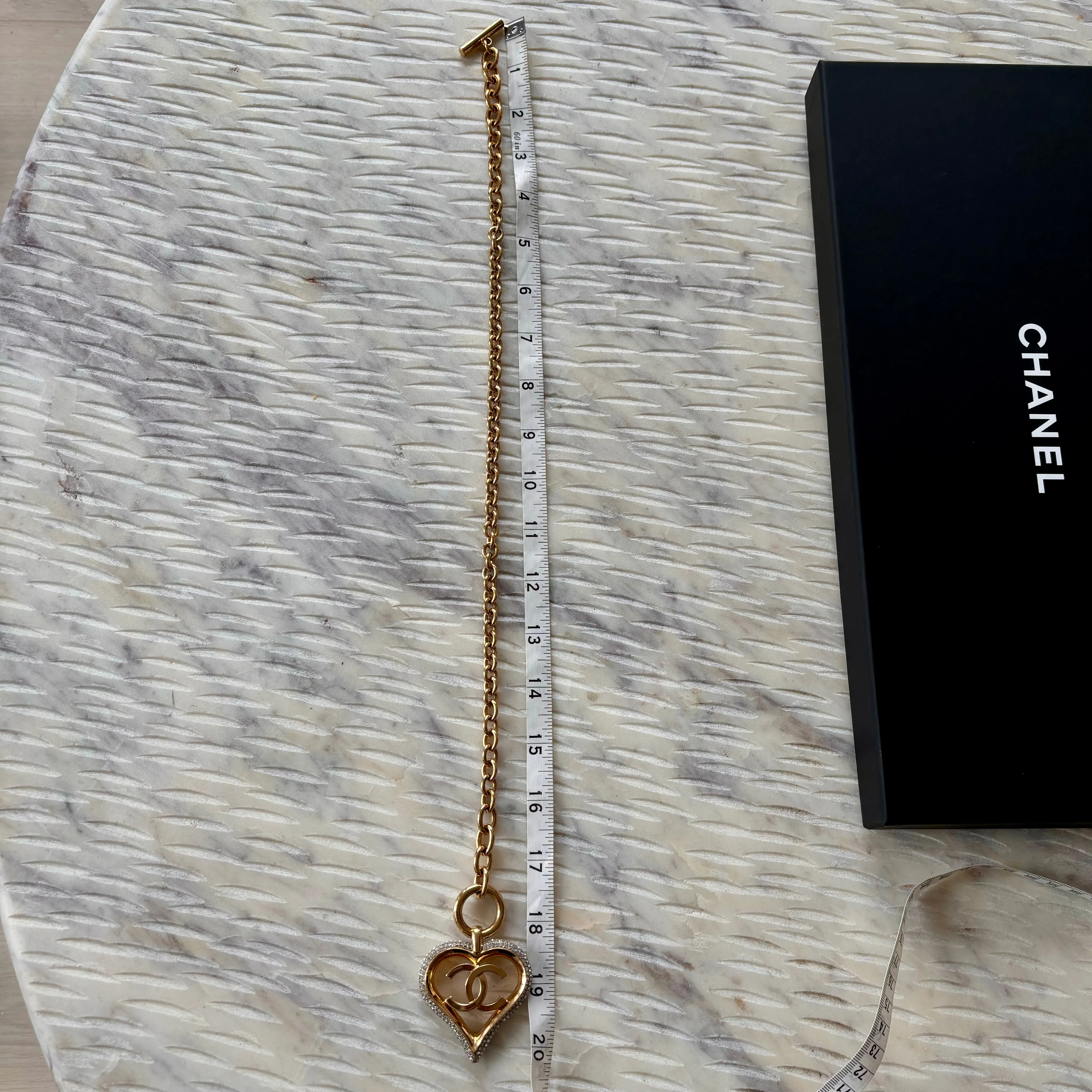 Chanel Gold Tone Crystal Heart Toggle Necklace