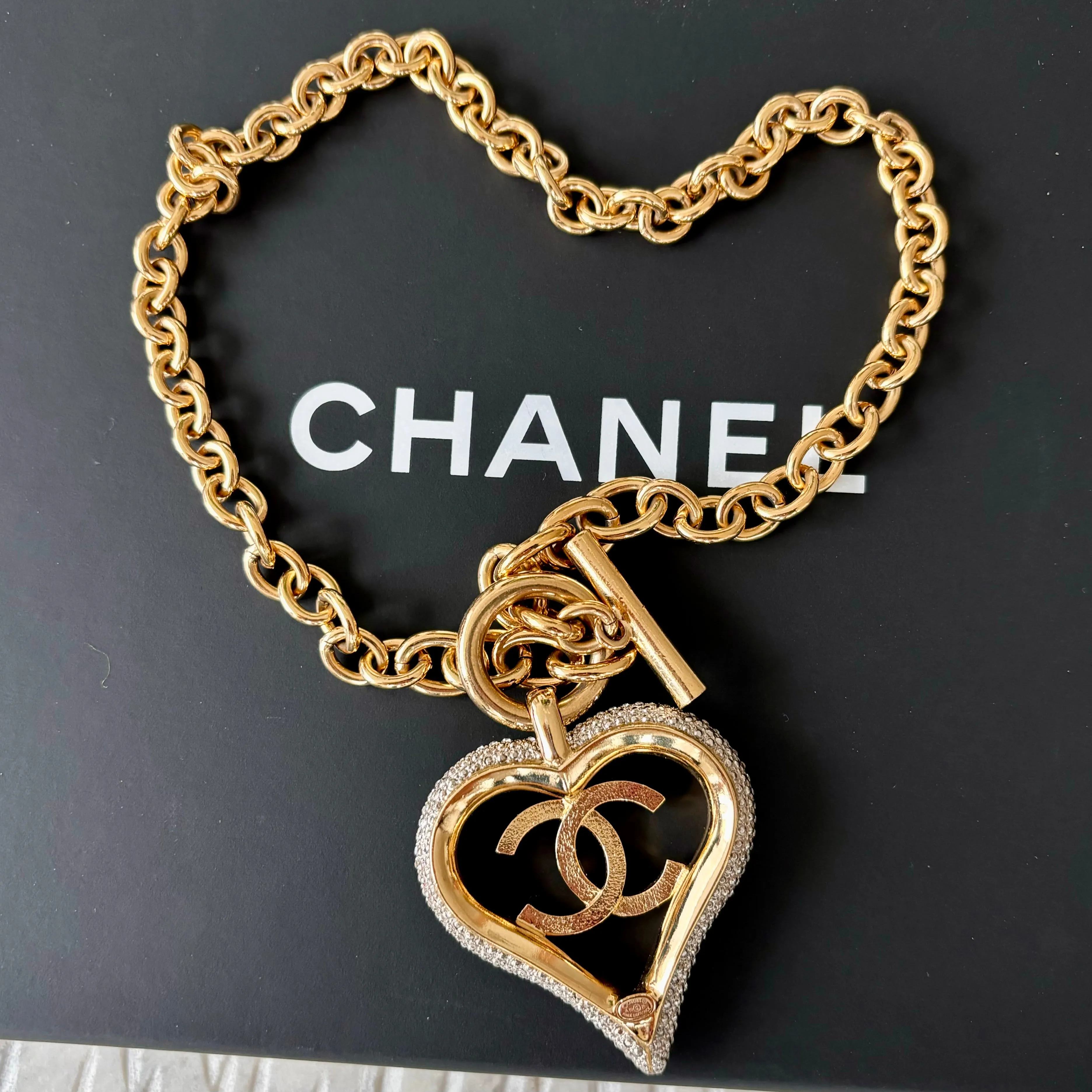 Chanel Gold Tone Crystal Heart Toggle Necklace