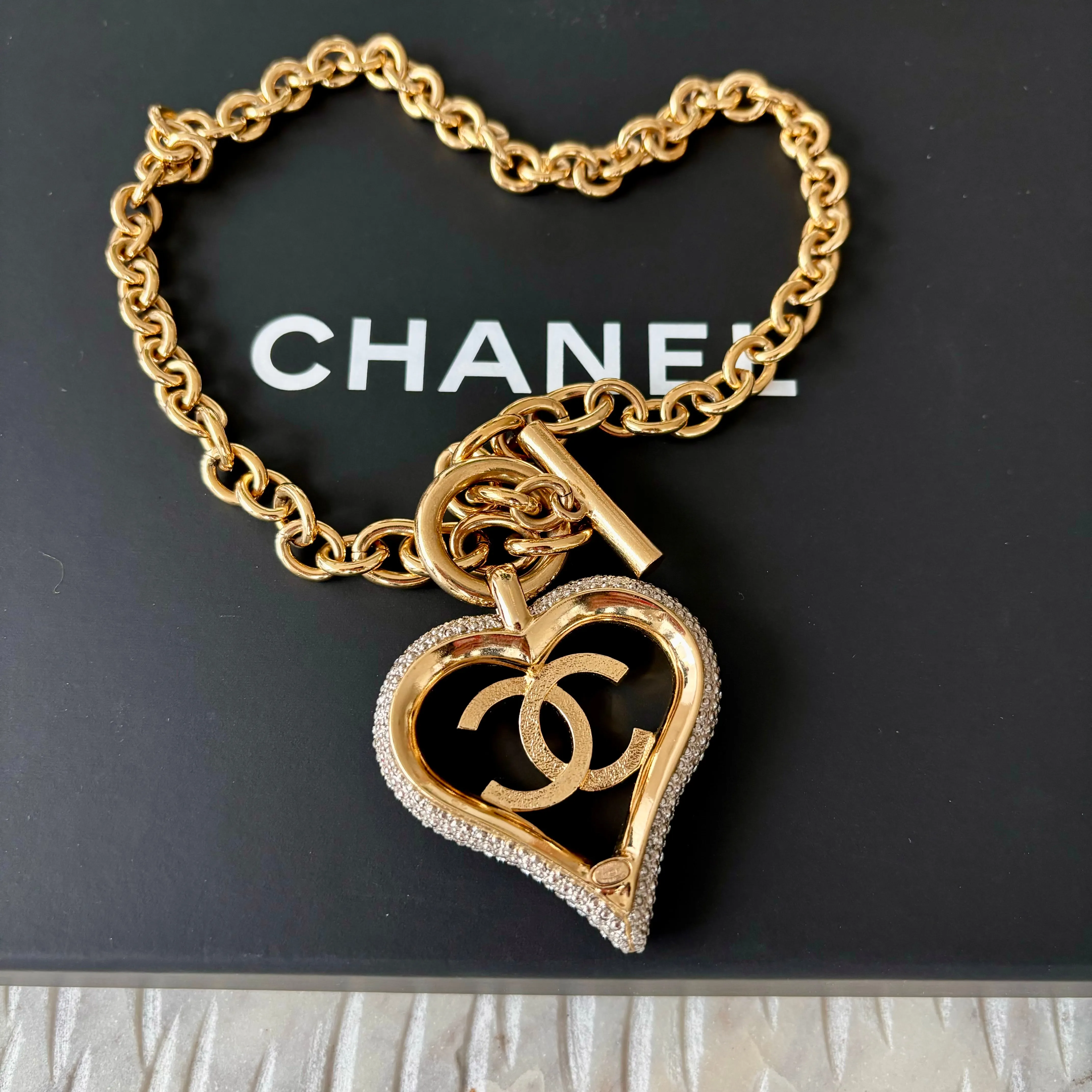 Chanel Gold Tone Crystal Heart Toggle Necklace