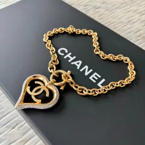 Chanel Gold Tone Crystal Heart Toggle Necklace