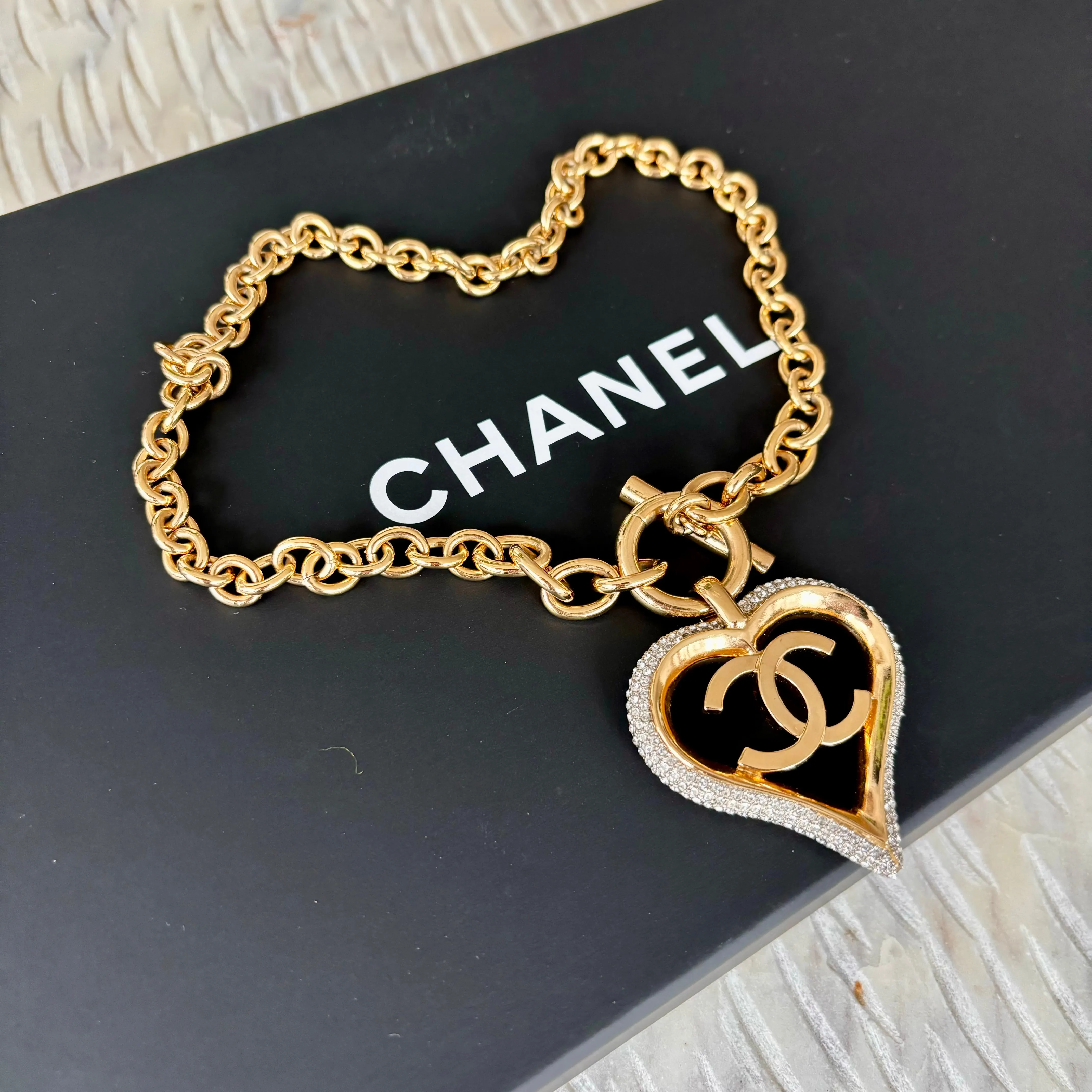 Chanel Gold Tone Crystal Heart Toggle Necklace