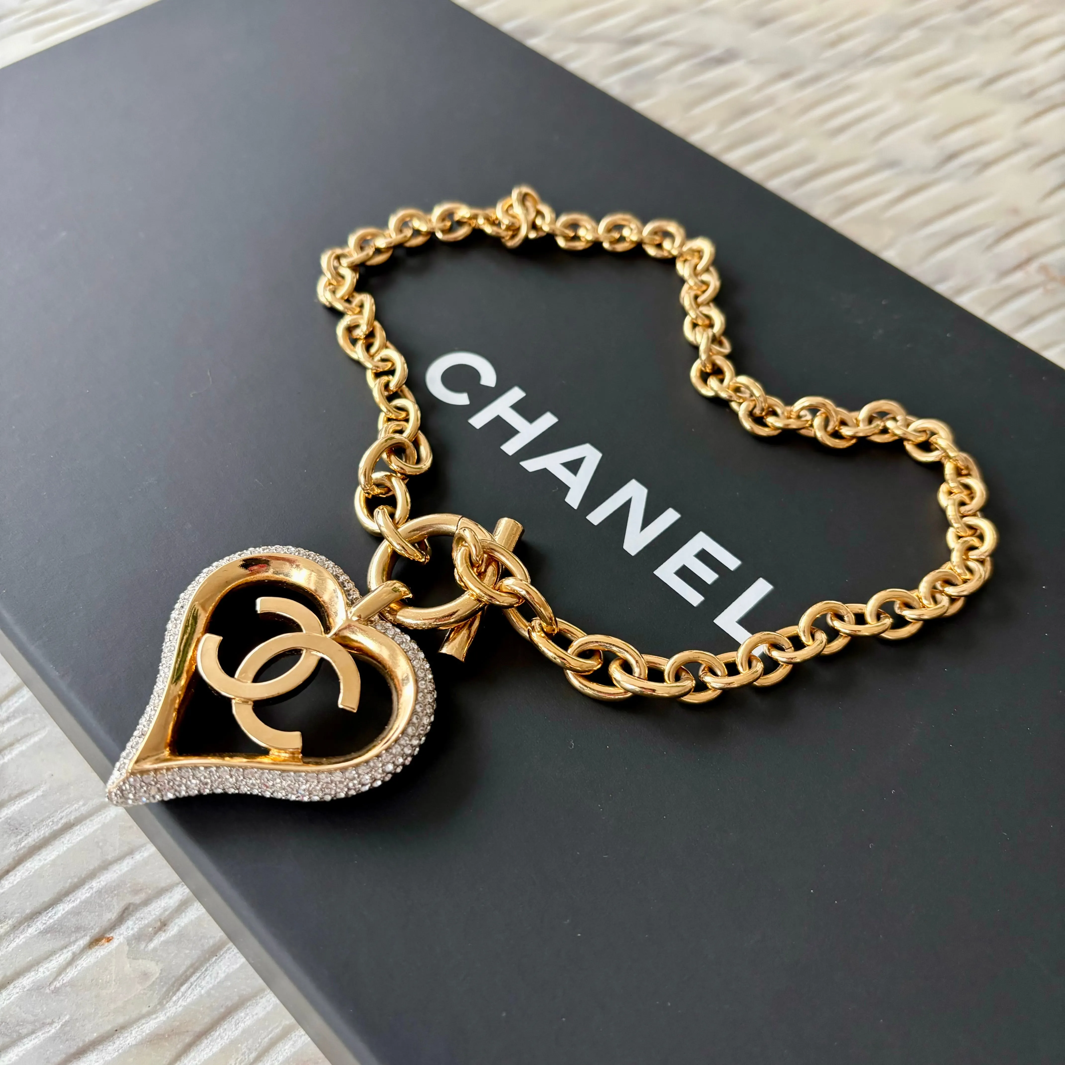Chanel Gold Tone Crystal Heart Toggle Necklace