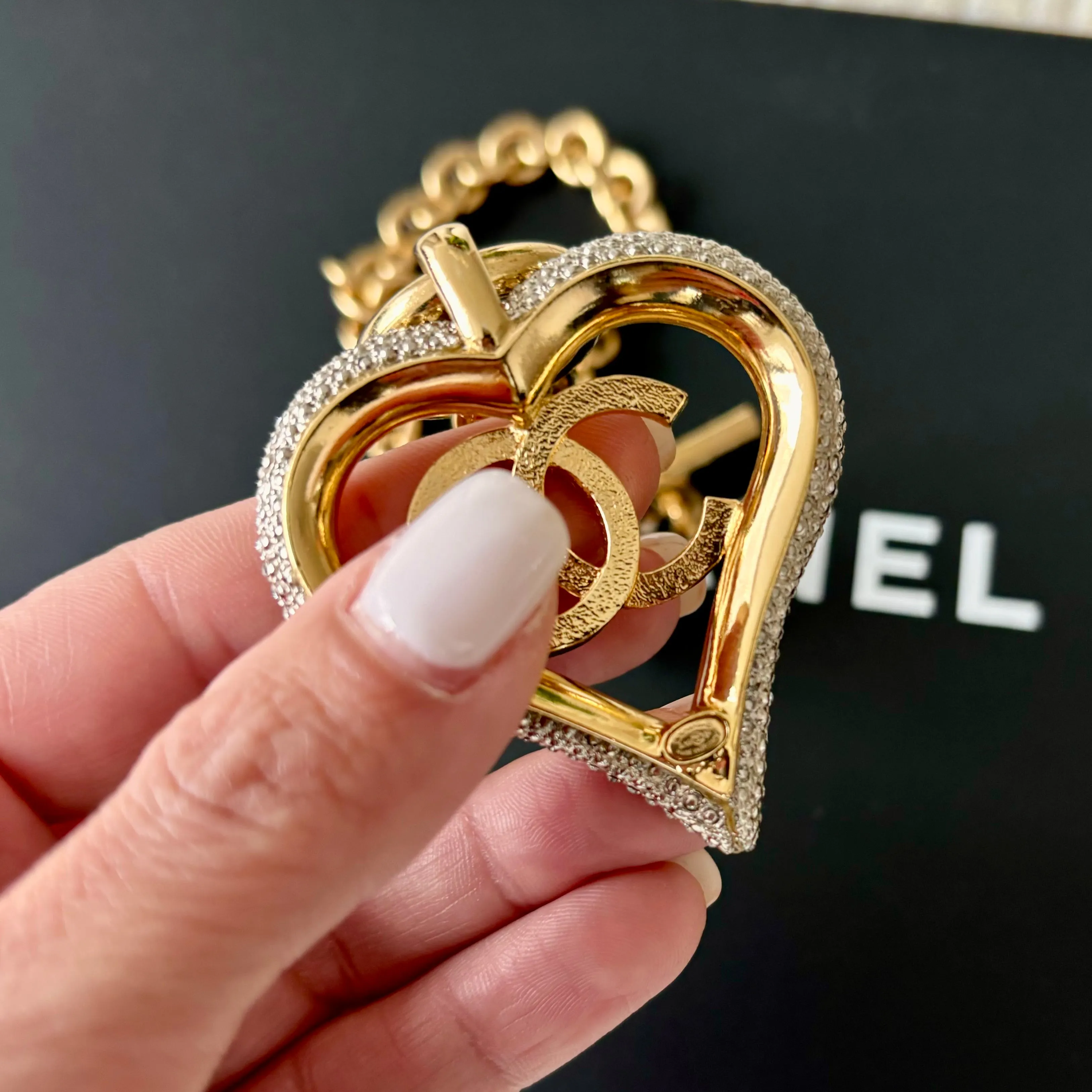 Chanel Gold Tone Crystal Heart Toggle Necklace