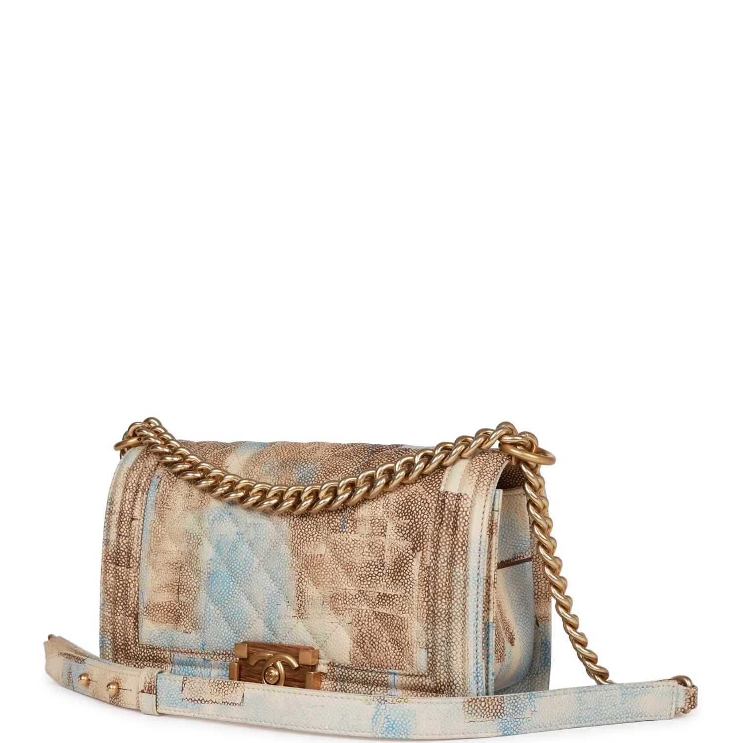 Chanel Medium Boy Bag Beige and Blue Cuba Painted Caviar Gold Hardware