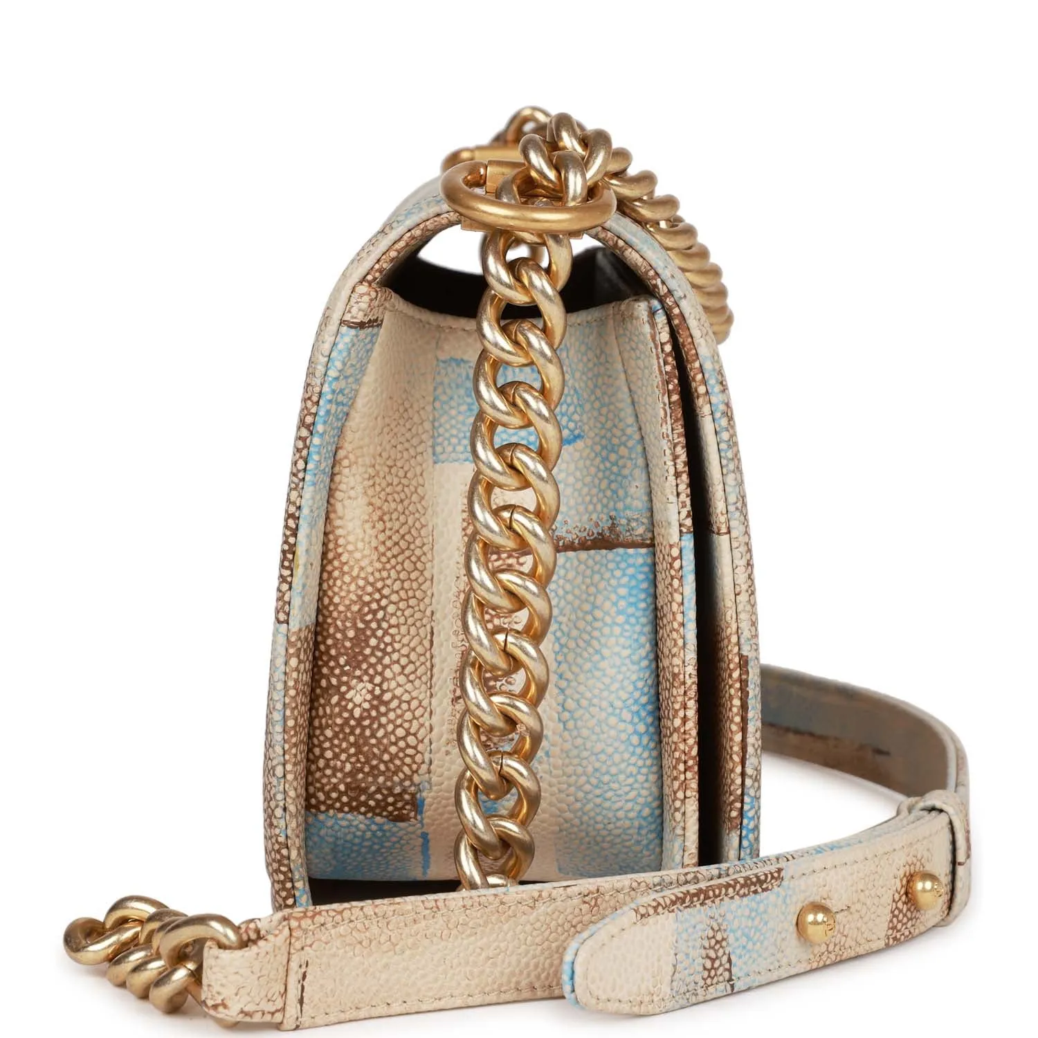 Chanel Medium Boy Bag Beige and Blue Cuba Painted Caviar Gold Hardware