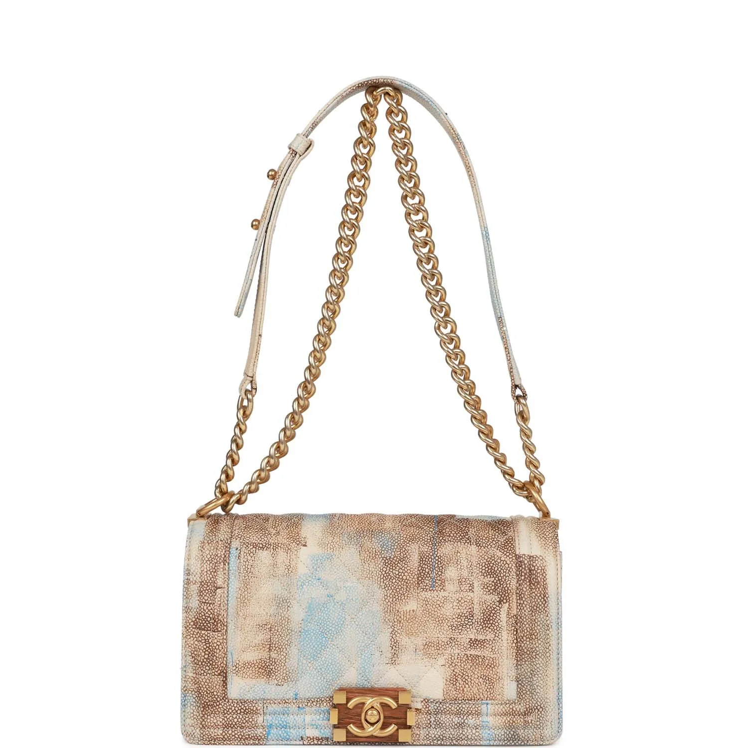 Chanel Medium Boy Bag Beige and Blue Cuba Painted Caviar Gold Hardware