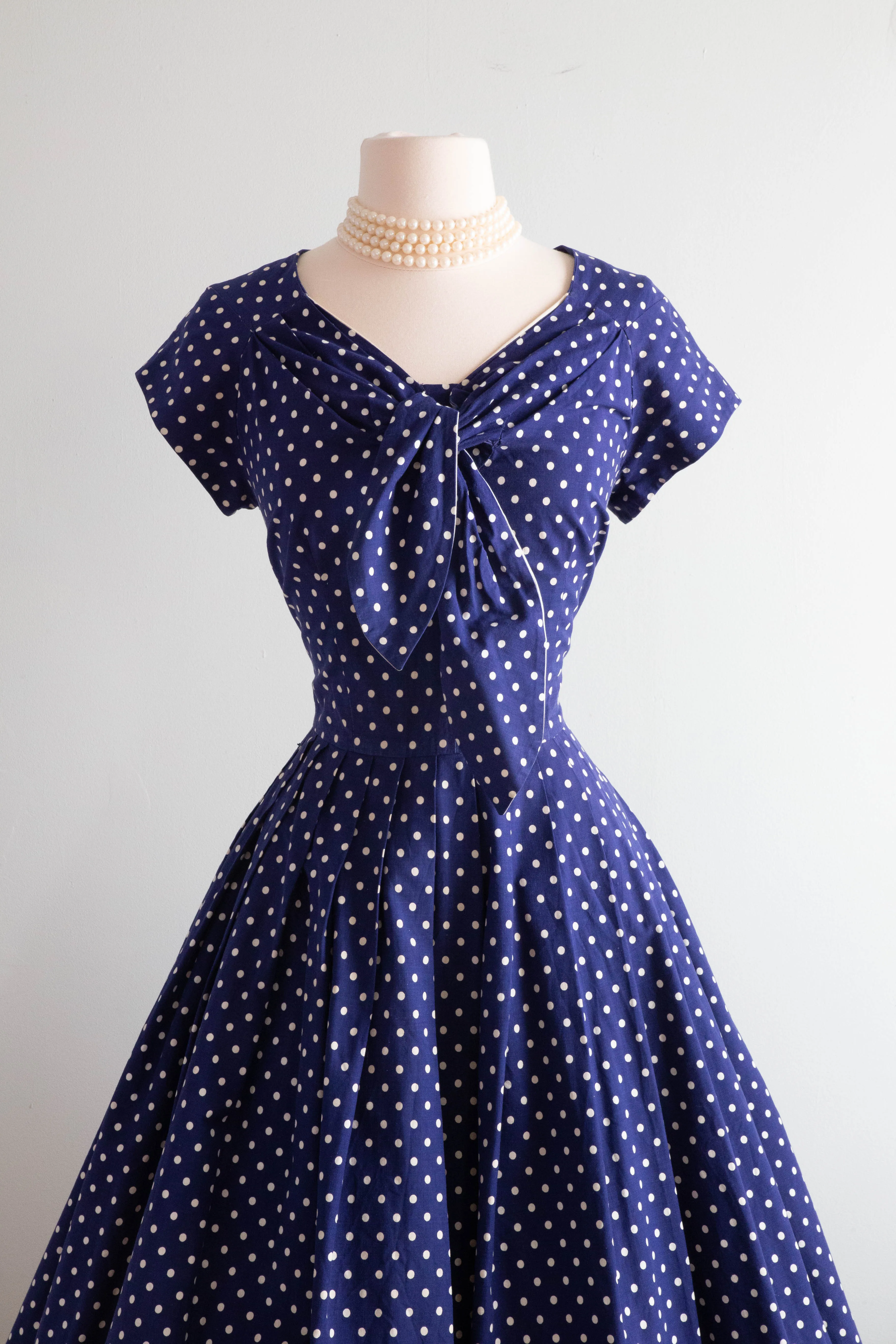Classic 1950's Horrockses Navy Blue Cotton Polka Dot Dress / Waist 26"