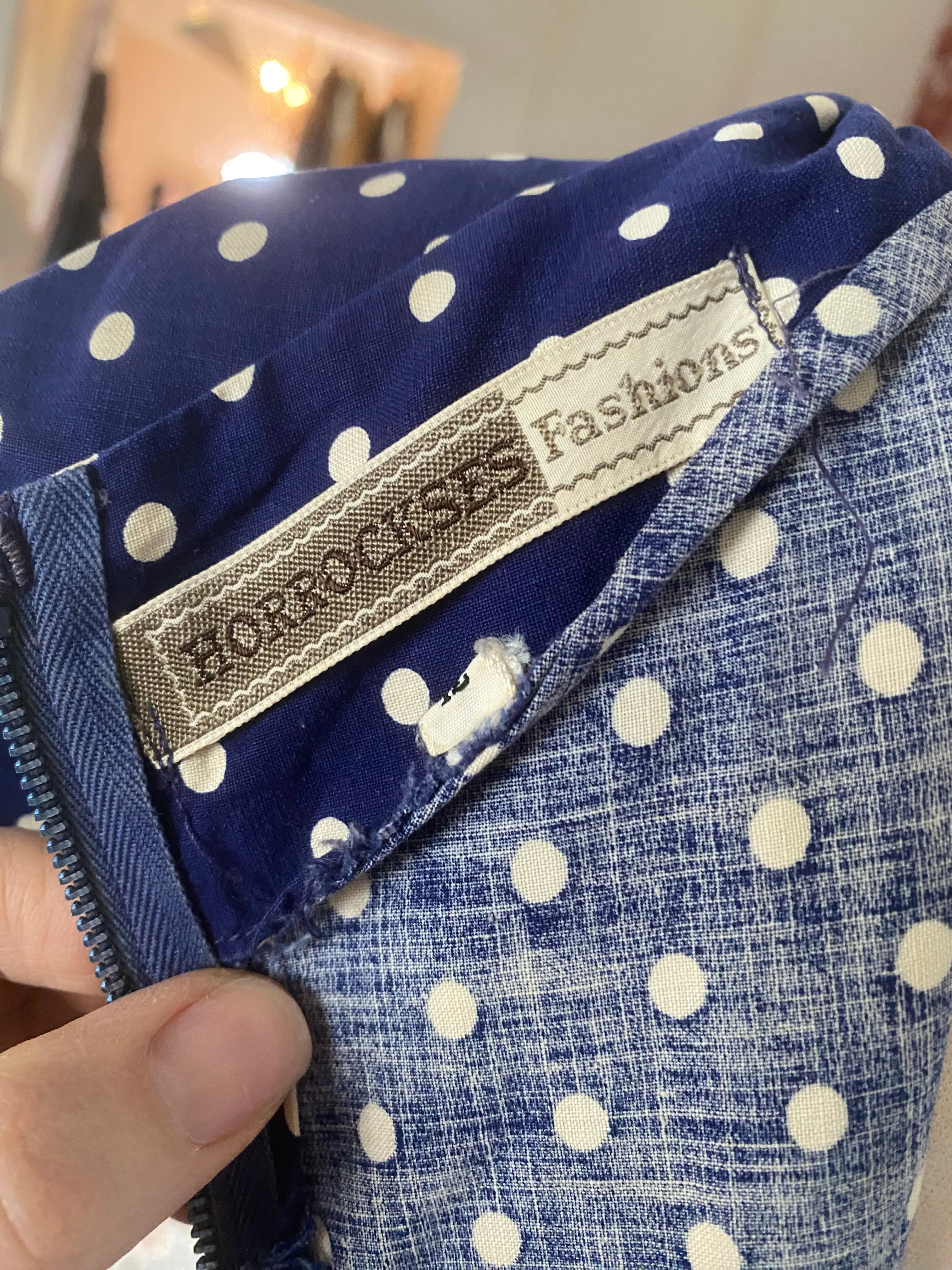 Classic 1950's Horrockses Navy Blue Cotton Polka Dot Dress / Waist 26"