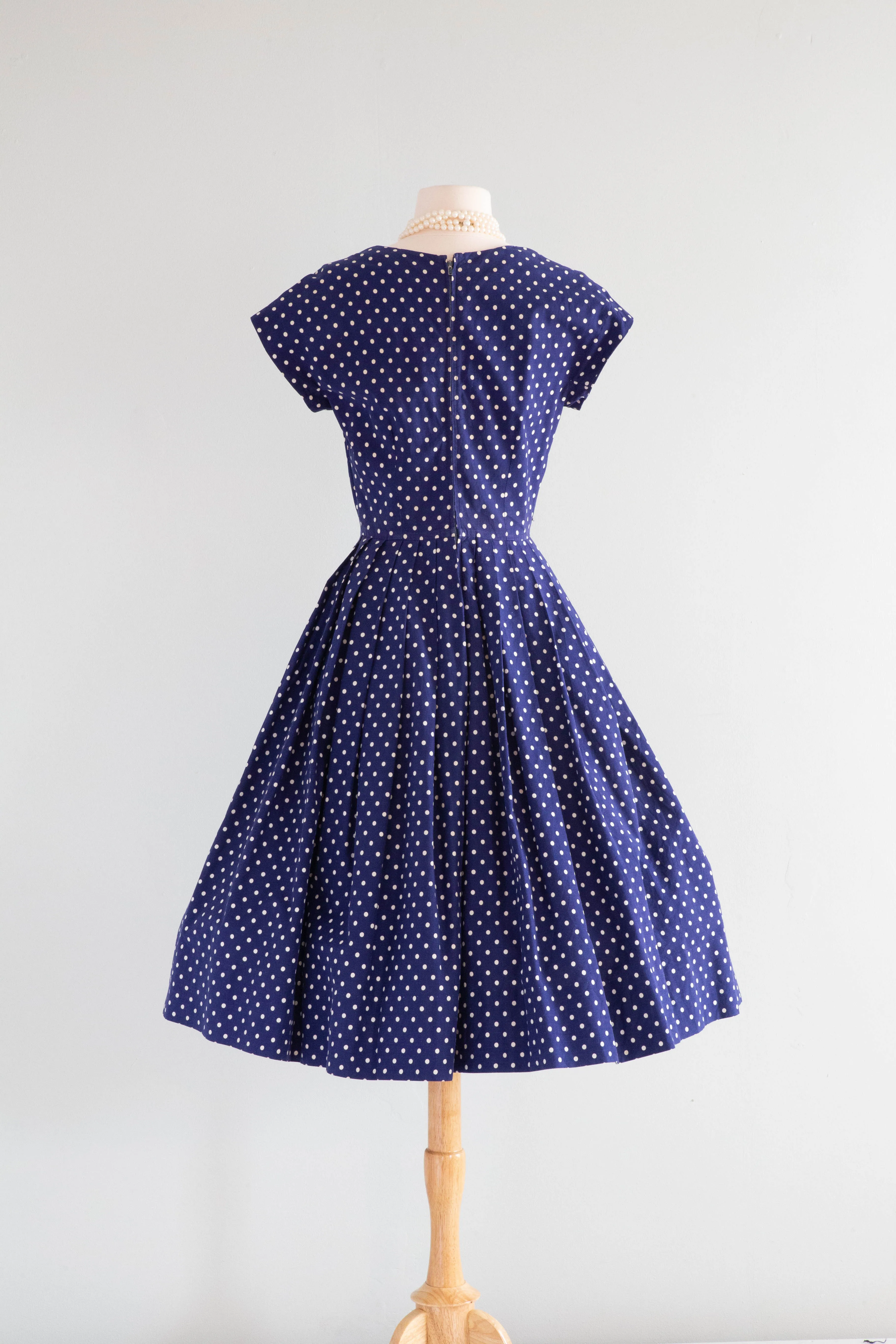 Classic 1950's Horrockses Navy Blue Cotton Polka Dot Dress / Waist 26"