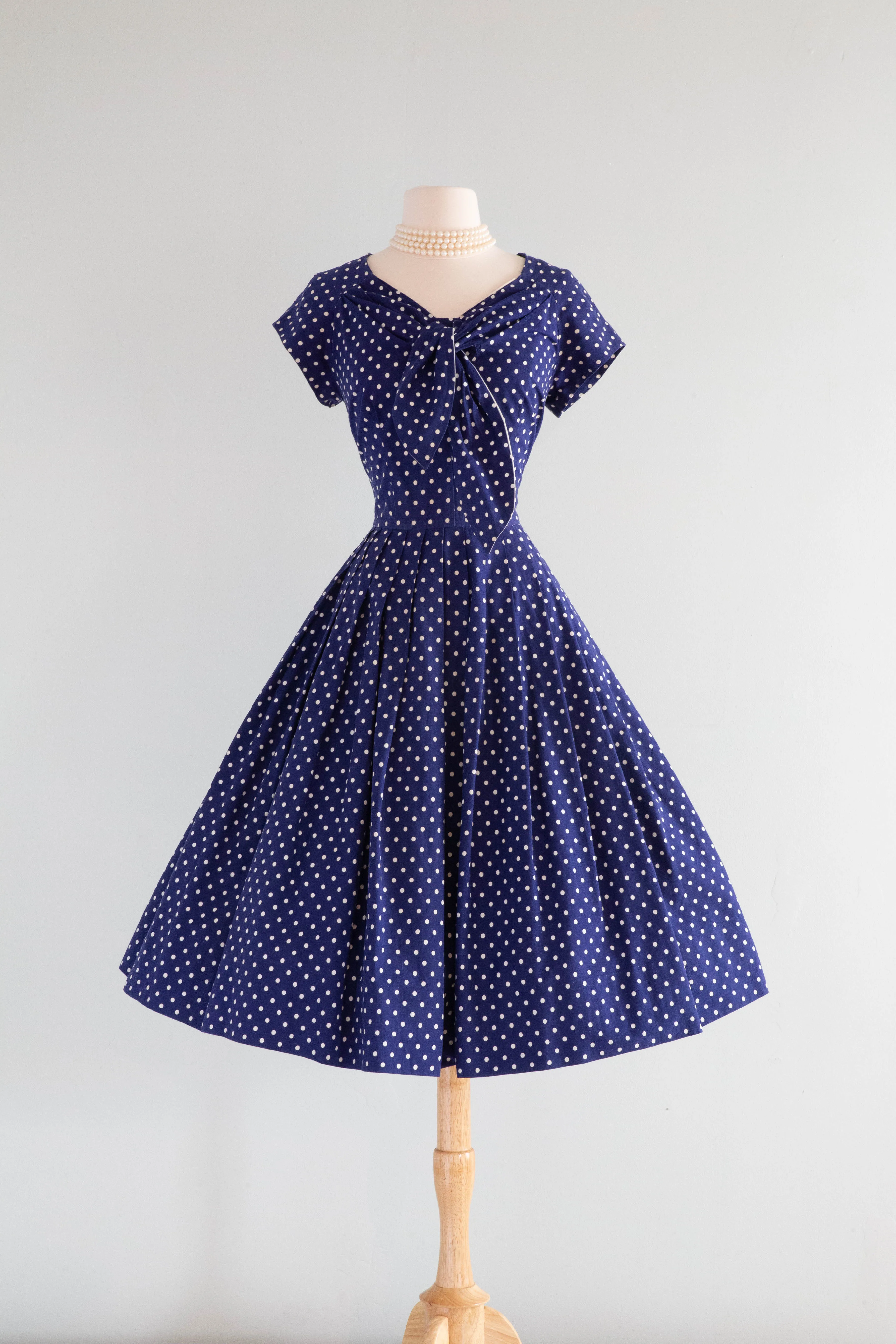 Classic 1950's Horrockses Navy Blue Cotton Polka Dot Dress / Waist 26"