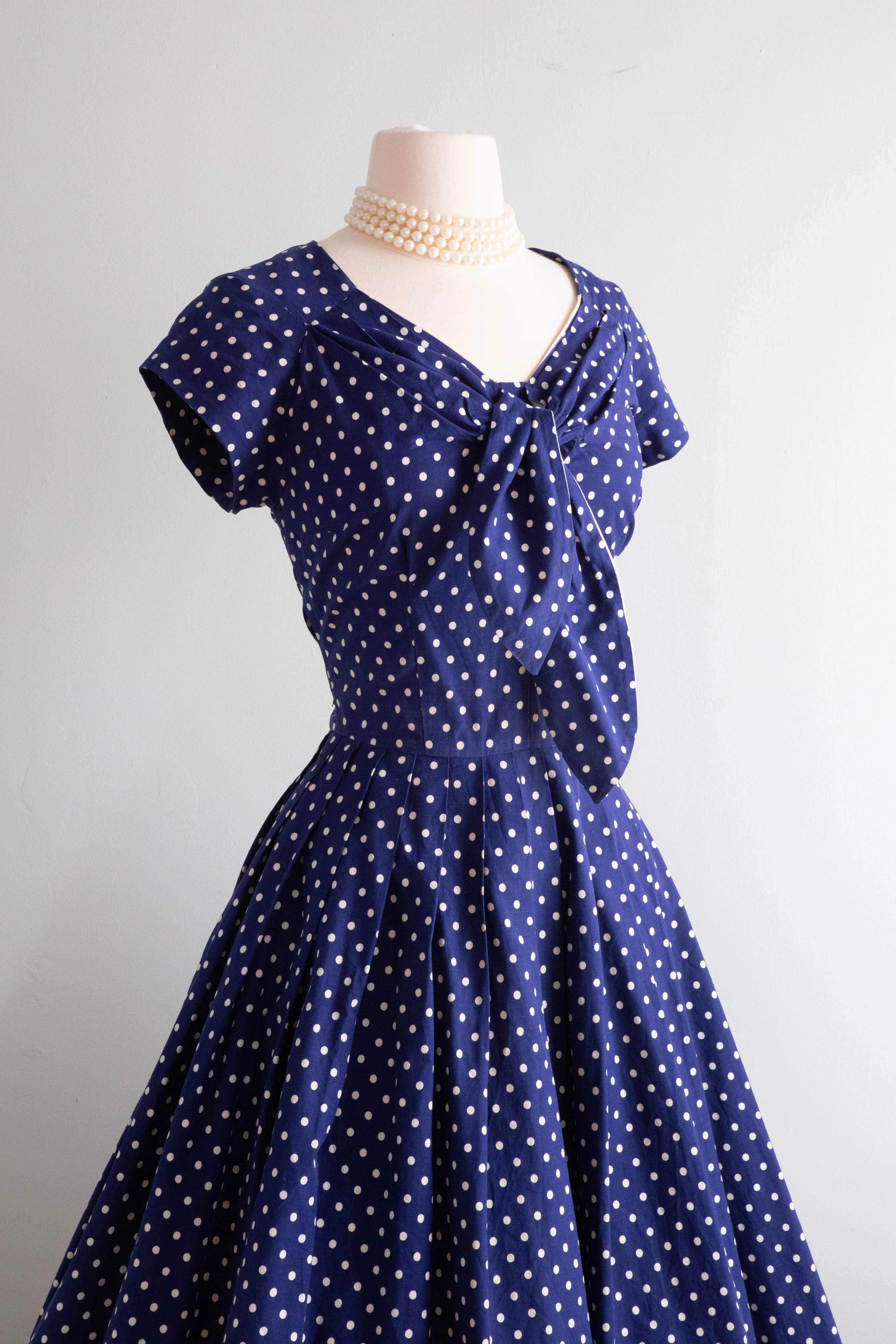 Classic 1950's Horrockses Navy Blue Cotton Polka Dot Dress / Waist 26"