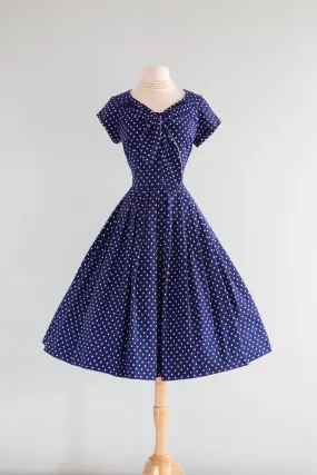 Classic 1950's Horrockses Navy Blue Cotton Polka Dot Dress / Waist 26"
