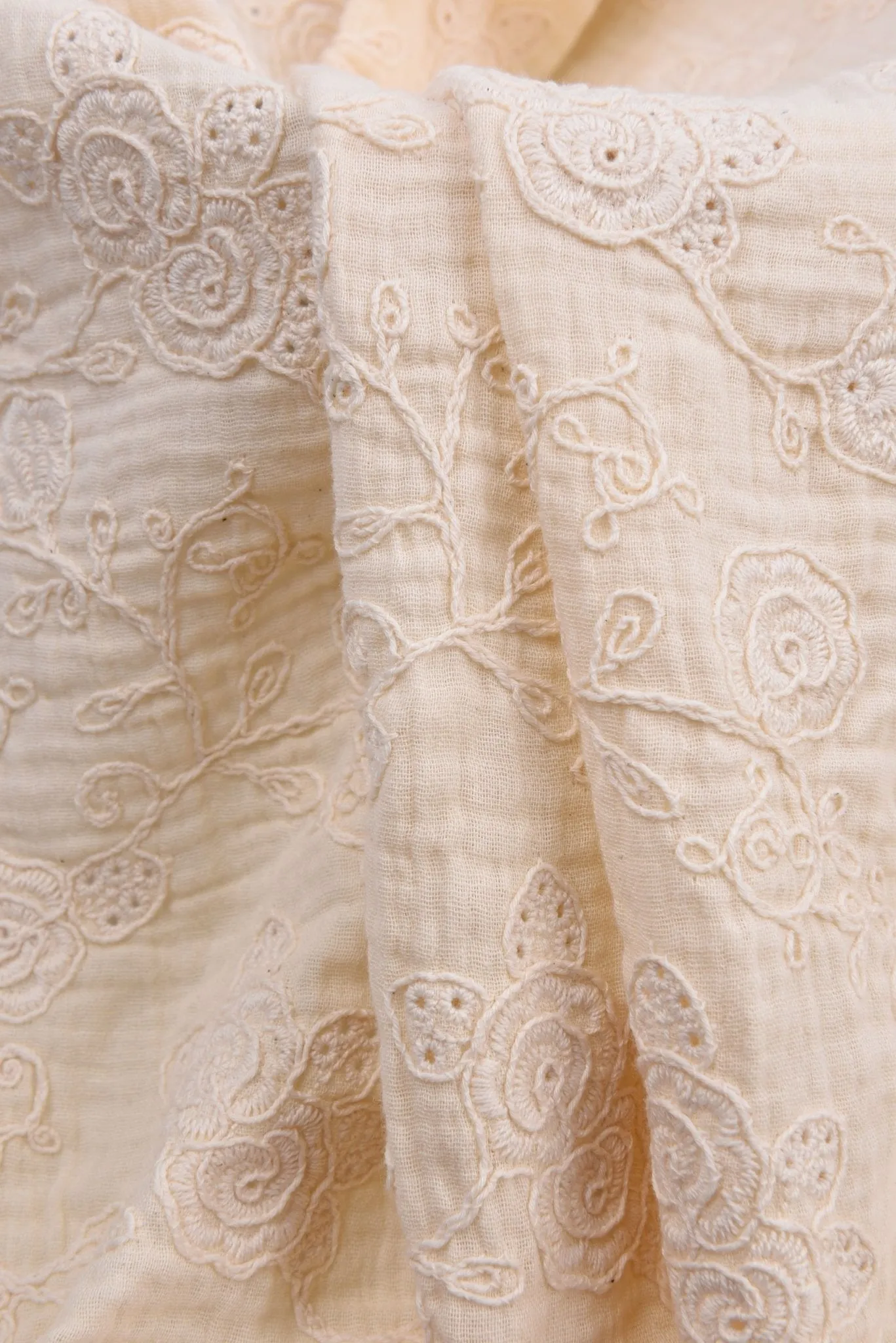 Double Gauze Fabric With 3D Embroidery - NATURAL COLOR