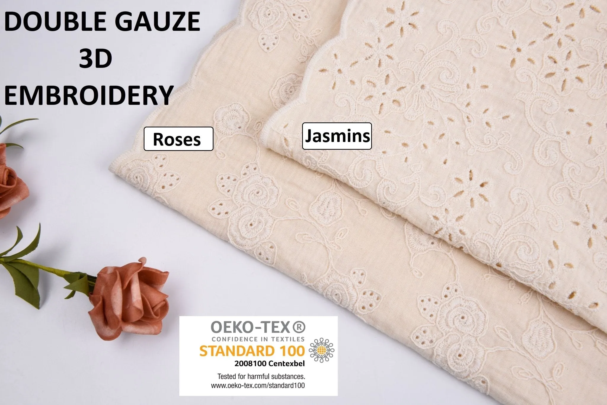 Double Gauze Fabric With 3D Embroidery - NATURAL COLOR