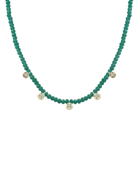 Emerald Gemstone & Five diamonds Necklace - 14K Yellow Gold