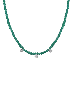 Emerald Gemstone & Three diamonds Necklace - 14K White Gold