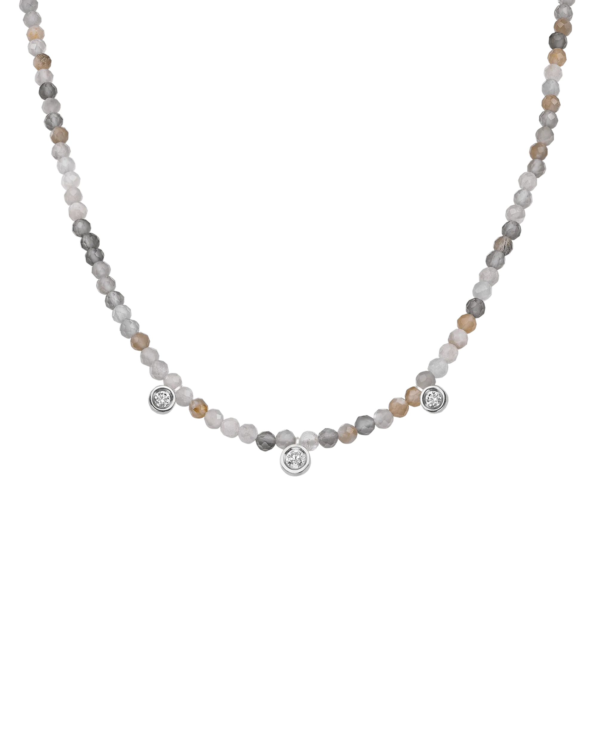 Emerald Gemstone & Three diamonds Necklace - 14K White Gold
