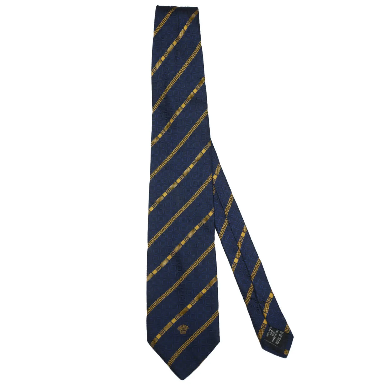 Gianni Versace Silk Necktie 1990s Vintage Tie Medusa Head Logo Navy Blue &amp; Gold