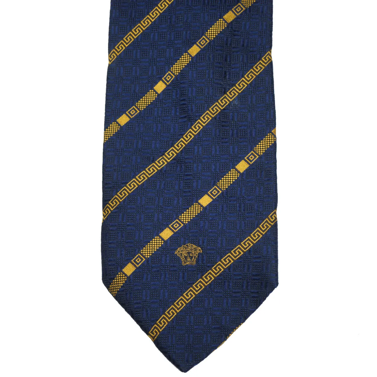 Gianni Versace Silk Necktie 1990s Vintage Tie Medusa Head Logo Navy Blue &amp; Gold