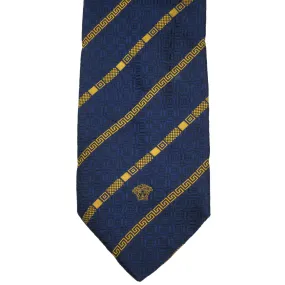 Gianni Versace Silk Necktie 1990s Vintage Tie Medusa Head Logo Navy Blue &amp; Gold