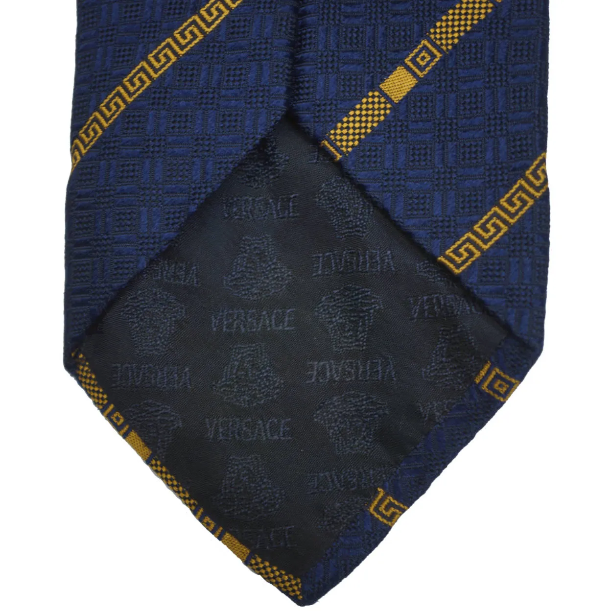 Gianni Versace Silk Necktie 1990s Vintage Tie Medusa Head Logo Navy Blue &amp; Gold