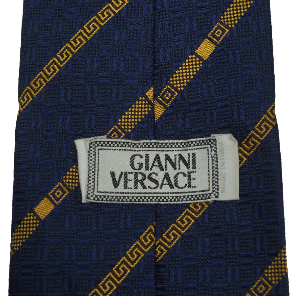 Gianni Versace Silk Necktie 1990s Vintage Tie Medusa Head Logo Navy Blue &amp; Gold