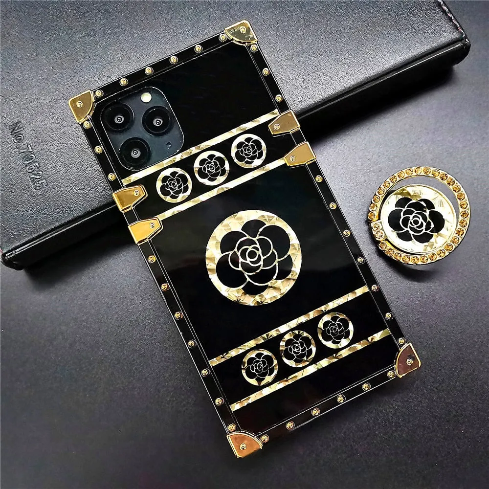 Glitter Flower Case for iphone 14 PRO 13 PRO MAX 11 12 PRO MAX Gold Square Cover for Samsung S21 Ultra S22 Plus S10 S20 Note 20