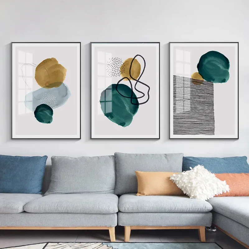 Green Yellow Black Abstract Shape & Line Minimalist Nordic Wall Art Fine Art Canvas Prints Pictures For Living Room Home Office Decor