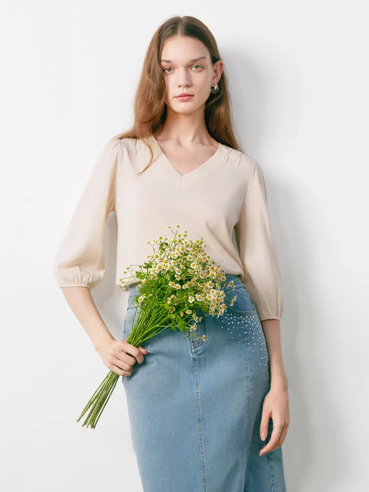 Half-Sleeve V-Neck Blouse