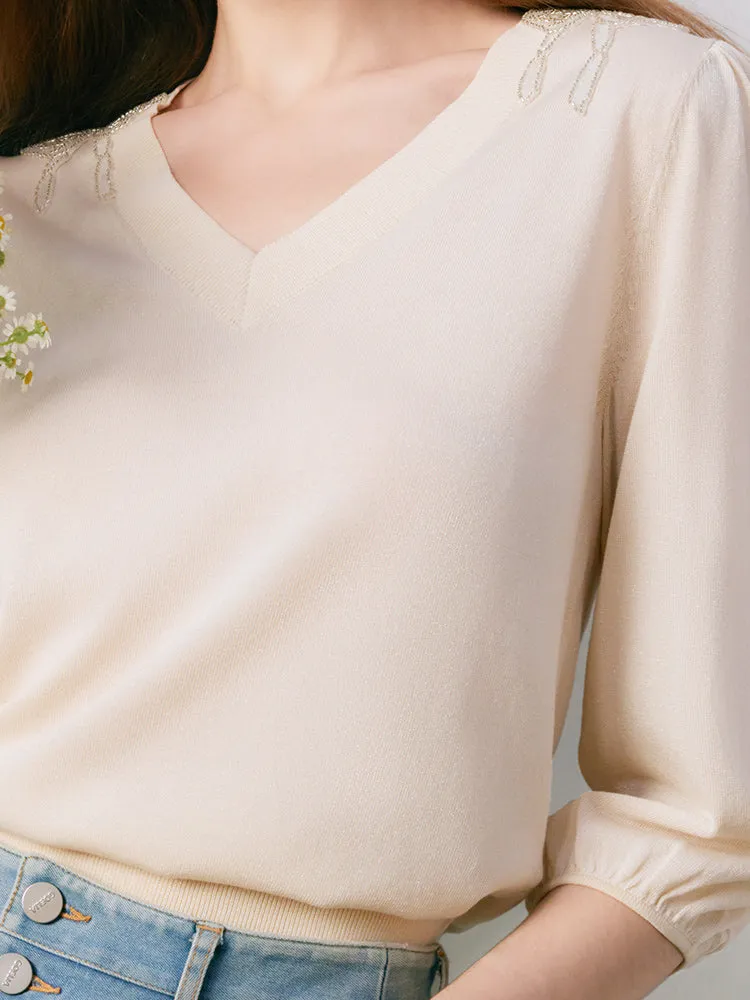 Half-Sleeve V-Neck Blouse
