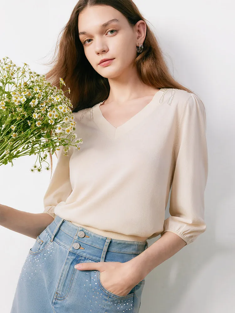 Half-Sleeve V-Neck Blouse