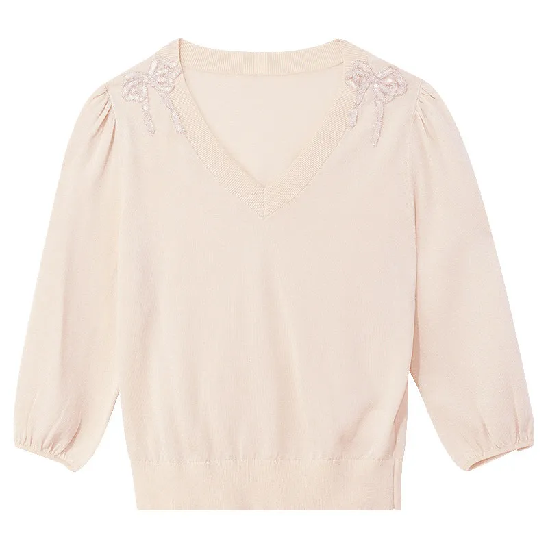 Half-Sleeve V-Neck Blouse