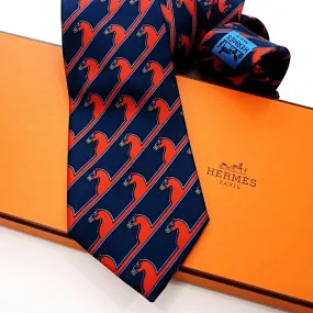 Hermes Silk Necktie 875 PA Early Collection Navy Red Horses